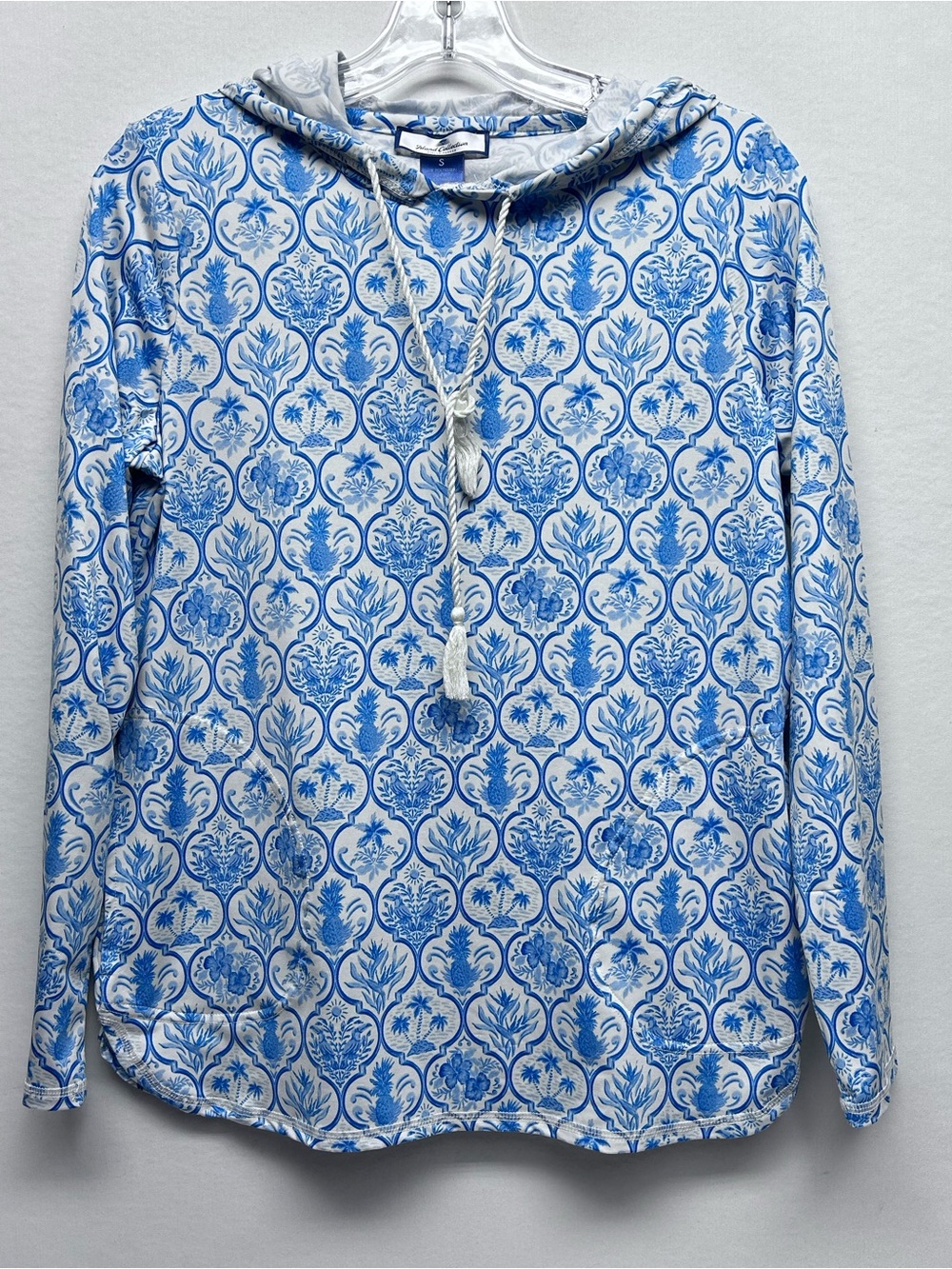 Blue & White Printed Hooded Pullover Stella Parker pockets